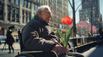 An elderly man with Parkinson's disease and red tulip in his hands in wheelchair on city street - obrazy, fototapety, plakaty