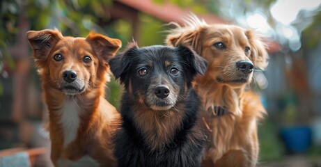three dogs are standing together in a group