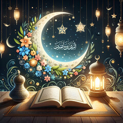 Quran Ramadan Kareem Banner with Lanterns and Flowers