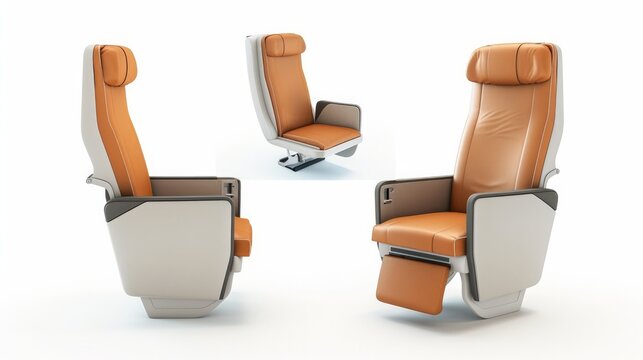 Aircraft interior armchair, portrayed in various angles, isolated on a white background. This 3D illustration showcases different views of the airplane seat