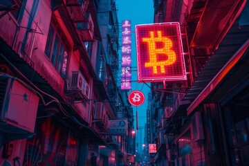 Bright Neon Sign of Bitcoin Logo Illuminating Busy Urban Street, Symbolizing Acceptance of Cryptocurrency in Modern Society Concept