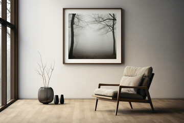 Minimalist living room ambiance, centered around a lone chair, a touch of nature, and an open frame for text.