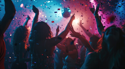 Dynamic scene of people dancing and celebrating at a party or club with confetti in the air and colorful lights in the background. - obrazy, fototapety, plakaty