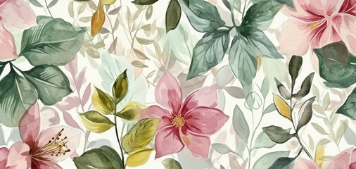 Beautiful watercolor  background with pastel flowers and leaves in warm colors