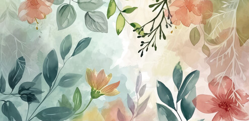 Beautiful watercolor  background with pastel flowers and leaves in warm colors