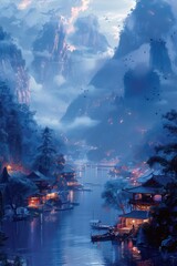 An enchanting digital art depicting an ancient village nestled amidst towering mountains and a serene river under a twilight sky