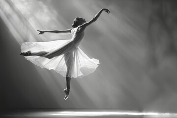 Graceful Ballet Dancer Leap with Sunlight Reflecting on Shimmering Costume, Embodying Elegance and Movement Concept