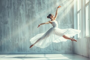 Fototapeta na wymiar Graceful Ballet Dancer Performing a Leaping Movement, Capturing the Beauty and Elegance of Dance in the Sunlight, Emphasizing Movement and Fluidity Concept