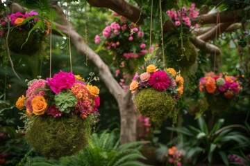 Fototapeta na wymiar Enchanting Outdoor Kokedama Display with Vibrant Flowers and Succulents Suspended from Tree Branches in Lush Garden, Creating a Magical Floating Garden Concept