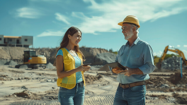 Female project manager/inspector, talking to land development manager with a tablet on construction site. 