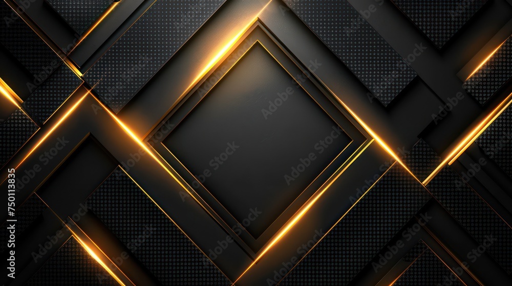 Poster an abstract image showcasing a combination of black geometric shapes with gold neon lighting on a te