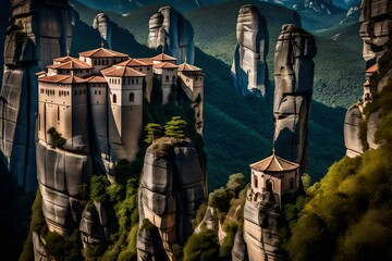 house on the mountains, Embark on a journey to the mystical monasteries suspended over the ancient rocks of Meteora, Greece - obrazy, fototapety, plakaty