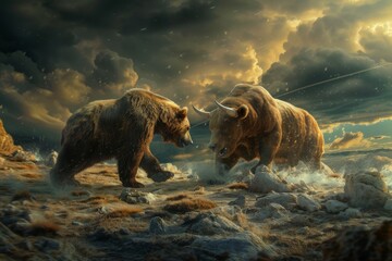 Intense Battle Between Bear and Bull on Rocky Terrain Amid Stormy Sky, Symbolizing Market Downturns and Upswings Clash Concept