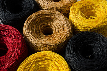 Skeins of multi-colored raffia. Eco material for handmade work.