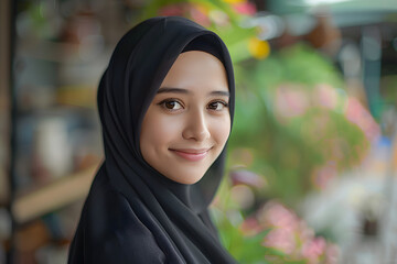 Photo a beautiful 20 years old malay hijab with big eye and smile, facebook profile, house background