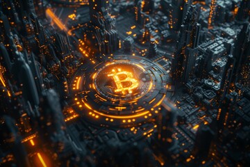 Glowing Bitcoin Symbol Surrounded by Financial Charts and Graphs in Dark Futuristic Environment, Reflecting Chaos Concept in Digital Economy