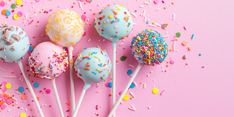 Fototapeta na wymiar Delicious colorful pop cakes with sprinkles on pastel pink background.