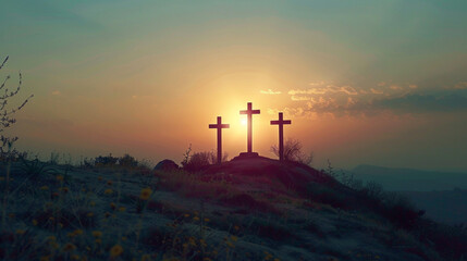 Sunset of Faith: Spiritual Silhouette with Three Crosses on the Hill, Profound Representation of the Crucifix of Jesus Christ.
