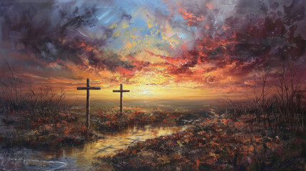 Celestial Peace: Sacred Landscape at Sunset with Three Crosses, Reflective Symbol of the Crucifixion.