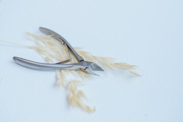 manicure tweezers, manicure device lies on a white background