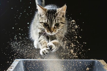 Energetic Cat Leap from Litter Tray, Suspended Litter Particles Capture Movement and Chaos Concept - obrazy, fototapety, plakaty
