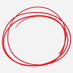 Red circle line hand drawn. Highlight hand drawing circle isolated on white background. Round handwritten circle. For marking text, note, mark icon, number, marker pen, pencil and text check, vector