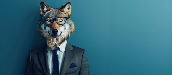 Portrait of anthropomorphic wolf wearing business attire in office. copy space. generative AI image - obrazy, fototapety, plakaty