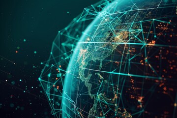 Naklejka na ściany i meble Futuristic Bitcoin Trading Hologram with Global Connections, Symbolizing International Transactions and Digital Economy Concept