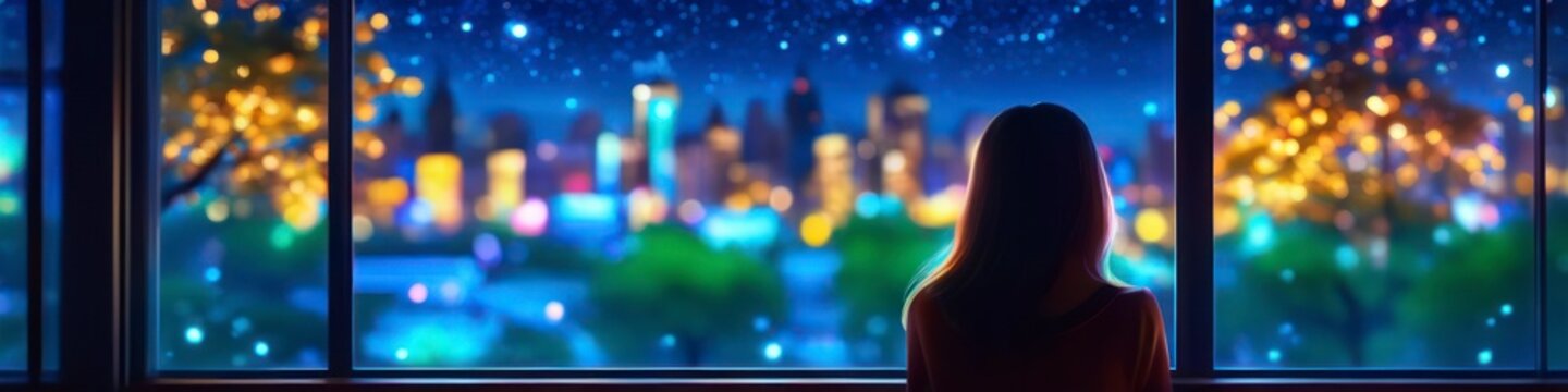 Abstract blurred background bokke woman at the window on the background of night city. Background for poster, banner, social networks, place for text