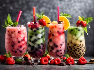 Four tall glasses of bubble tea, brimming with vibrant fruits and tapioca pearls, are showcased...