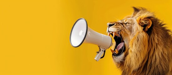 Lion roaring on a white megaphone on yellow background. copy space. generative AI image - obrazy, fototapety, plakaty