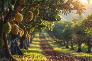 Durian fruit hanging from trees in orchard. A cluster of spiky durian fruits dominates the foreground, with a lush tropical farm landscape and mountains in the soft-focus background.