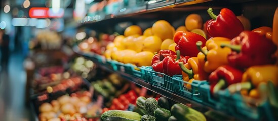 Supermarket zone with various fresh and clean healthy Fruits and vegetables on shelves. generative AI