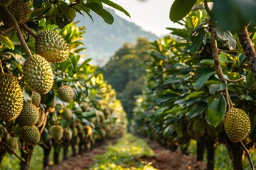 Durian fruit hanging from trees in orchard. A cluster of spiky durian fruits dominates the...