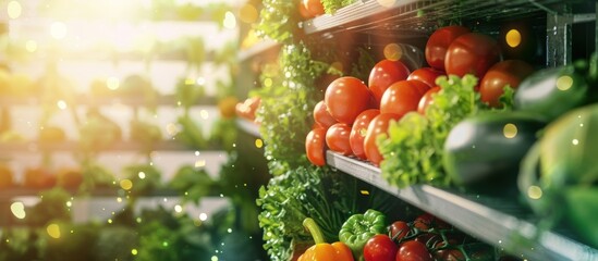 Supermarket zone with various fresh and clean healthy Fruits and vegetables on shelves. generative AI - obrazy, fototapety, plakaty