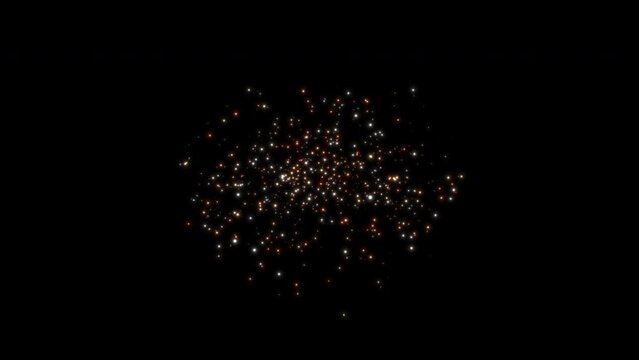 Two explosions of fireworks one after the other on a black background. Scattering of multi-colored sparkling particles. Abstract animation.