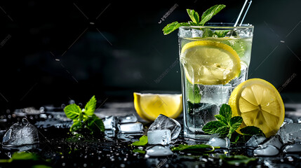 mojito cocktail drink with mint and lemon lime in a glass splash splashing out of a glass with ice cubes, drops and splashes on a black background,an icy drink adorned with lime leaves and mint leave
