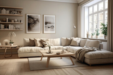 A stylish beige living room infused with Scandinavian charm, boasting clean lines, understated elegance, and a cozy atmosphere.