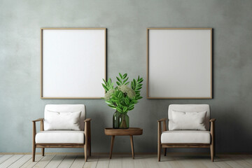 Serene living area with a solitary chair, botanical element, and an empty frame for your personalized text.