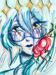 portrait of a pensive girl with glasses and a red flower in her blue hair, anime illustration