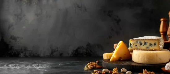 Fotobehang Portrait of different kinds of cheese with nuts and honey on dark background, copy space © wikkie