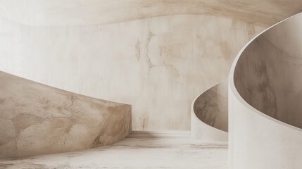 An abstract perspective of a minimalist architectural design, showcasing the curves and smooth texture of an empty structure