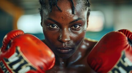 Determined female boxer poised in a fighting stance, ready to train or compete in the boxing ring.