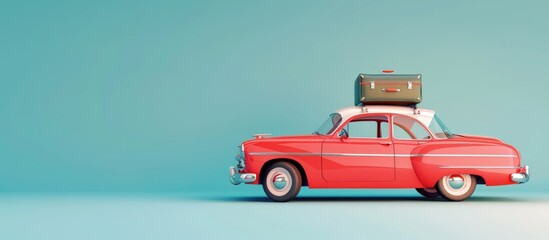 Red retro car with luggage on the roof ready for summer travel on blue background. copy space - obrazy, fototapety, plakaty