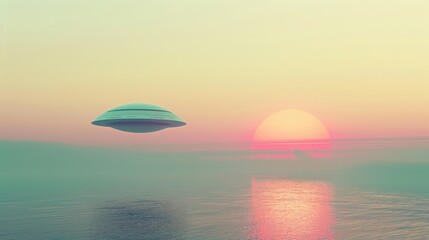 A tranquil seascape with a surreal touch as a UFO hovers above the water during a beautiful sunset