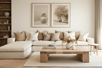 Fototapeta na wymiar An elegant beige living room infused with Scandinavian design principles, characterized by clean lines and natural materials.