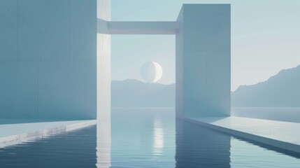 An ethereal scene with surreal architecture, calm water, and a rising or setting sun framed by a doorway, invoking a sense of serenity and contemplation