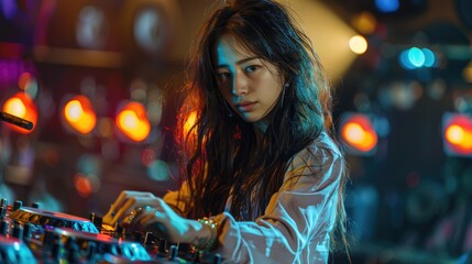 Focused female DJ mixing tracks at a vibrant nightclub with colorful lights.