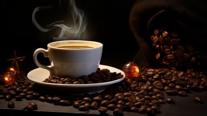 Espresso in Brown Cup with Coffee Beans on Dark Background
