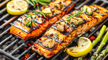 Gourmet Grilled Salmon: Deliciously Prepared Seafood on the Grill with Lemon and Herbs, Perfect for a Healthy Meal